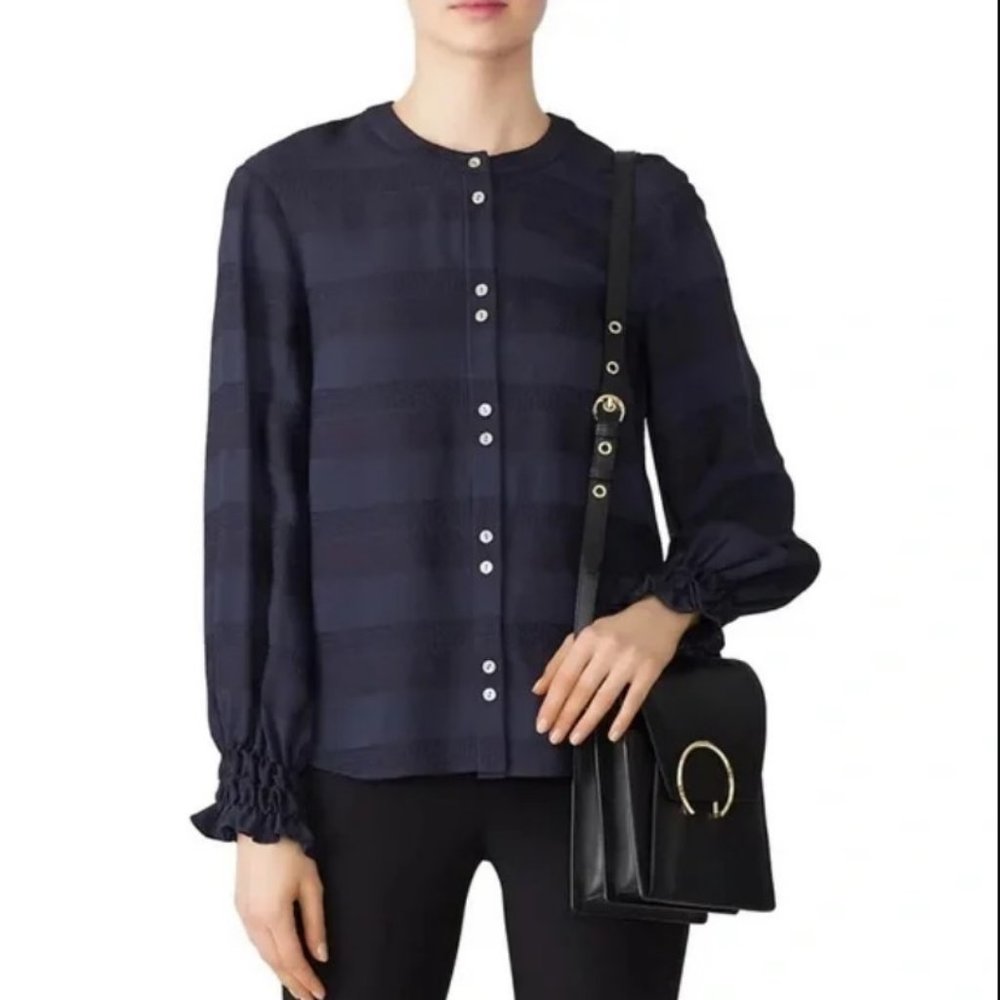 Becken Navy Blue Embroidered Shirred Cuff Button Front Poplin Blouse Sz 6